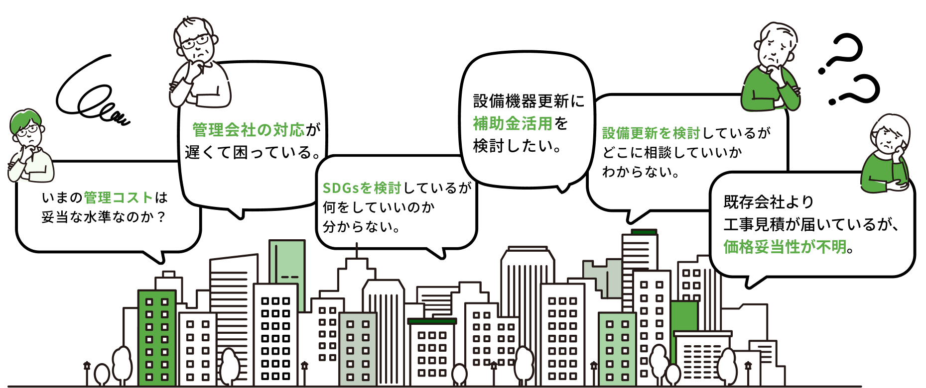 いまの管理コストは妥当な水準なのか? 管理会社の対応が遅くて困っている。SDGsを検討しているが何をしていいのか分からない。設備機器更新に補助金活用を検討したい。設備更新を検討しているがどこに相談していいかわからない。 既存会社より工事見積が届いているが、価格妥当性が不明。